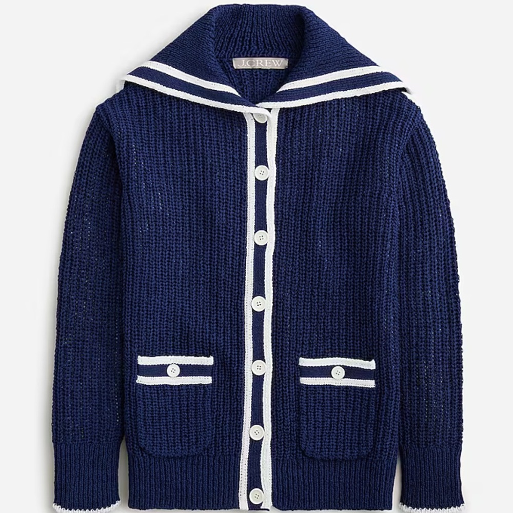 J CREW Textured Sailor Cardigan Sweater Blue White Size Medium Preppy‎ Nautical - Picture 4 of 12